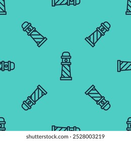 Black line Lighthouse icon isolated seamless pattern on green background.  Vector Illustration