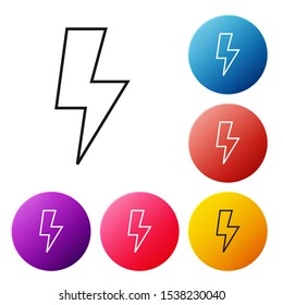 Black line Lightning bolt icon isolated on white background. Flash sign. Charge flash icon. Thunder bolt. Lighting strike. Set icons colorful circle buttons. Vector Illustration