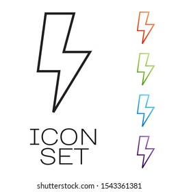 Black line Lightning bolt icon isolated on white background. Flash sign. Charge flash icon. Thunder bolt. Lighting strike. Set icons colorful. Vector Illustration