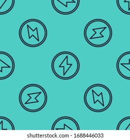 Black line Lightning bolt icon isolated seamless pattern on green background. Flash sign. Charge flash icon. Thunder bolt. Lighting strike.  Vector Illustration