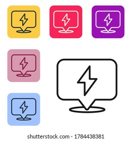 Black line Lightning bolt icon isolated on white background. Flash icon. Charge flash icon. Thunder bolt. Lighting strike. Set icons in color square buttons. Vector Illustration