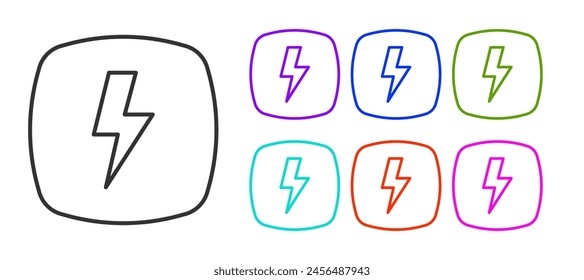 Black line Lightning bolt icon isolated on white background. Flash sign. Charge flash icon. Thunder bolt. Lighting strike. Set icons colorful. Vector