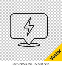 Línea negra Icono del perno del relámpago aislado en fondo transparente. Icono de Flash. Icono de flash de Recargo. Tornillo de trueno. Huelga de iluminación.  Vector