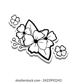 Black line Little Bouquet Flowers and Leaves on white silhouette and gray shadow. Hand drawn cartoon style. Vector illustration for decorate, coloring and any design.