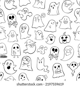 Schwarze Linie Little Ghost nahtloses Muster. Design für Papier, Umschläge, Karten, Stoffe, Hintergrund und alles andere. Vektorgrafik über Halloween.