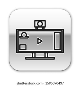 Black line Live streaming online videogame play icon isolated on white background. Silver square button. Vector Illustration