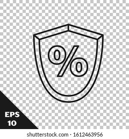 Black line Loan percent icon isolated on transparent background. Protection shield sign. Credit percentage symbol.  Vector Illustration