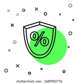 Black line Loan percent icon isolated on white background. Protection shield sign. Credit percentage symbol.  Vector Illustration