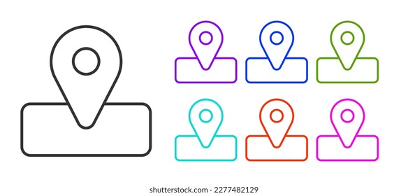 Línea negra Ubicación para camping o tours y viajes icono aislado en fondo blanco. Indique los iconos en colores. Vector