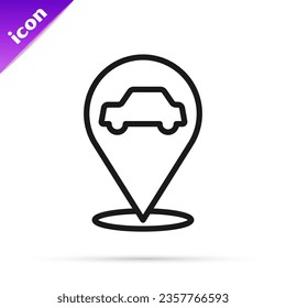 Black line Location with car service icon isolated on white background. Auto mechanic service. Repair service auto mechanic.  Vector