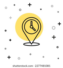 Black line Location with clock icon isolated on white background. Random dynamic shapes. Vector Illustration
