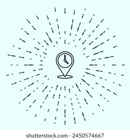 Locación de línea negra con icono de reloj aislado sobre fondo gris. Abstractas círculo de puntos aleatorios. Vector