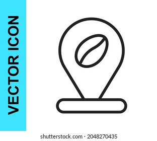 Black line Location with coffee bean icon isolated on white background.  Vector