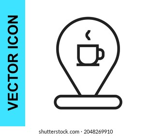 Black line Location with coffee cup icon isolated on white background.  Vector
