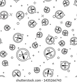 Black line Location with crossed screwdriver and wrench tools icon isolated seamless pattern on white background. Pointer settings symbol.  Vector Illustration