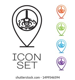 Black line Location fishing icon isolated on white background. Fishing place. Set icons colorful. Vector Illustration