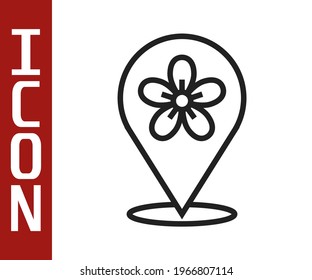 Black line Location with flower icon isolated on white background.  Vector
