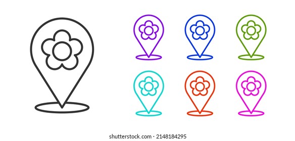 Black line Location with flower icon isolated on white background. Set icons colorful. Vector Illustration