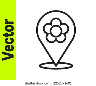 Black line Location with flower icon isolated on white background.  Vector Illustration