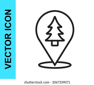 Black line Location of the forest on a map icon isolated on white background.  Vector