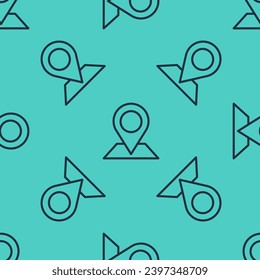Black line Location icon isolated seamless pattern on green background. World or Earth sign.  Vector