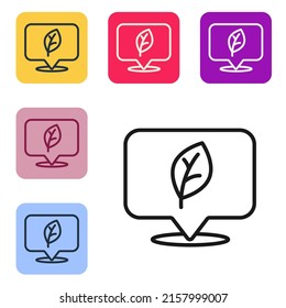 Ubicación de línea negra con icono de hoja aislado en fondo blanco. Concepto de energía ecológica. Concepto de energía alternativa. Establezca iconos en los botones cuadrados de color. Vector