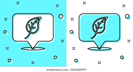 Schwarze Linie Position mit Blattsymbol einzeln auf grünem und weißem Hintergrund. Ökoenergiekonzept Alternatives Energiekonzept. Zufällige dynamische Formen. Vektorgrafik