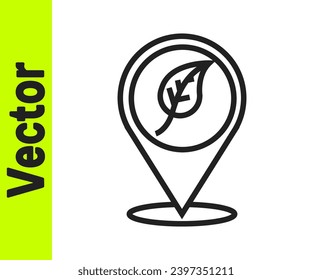 Black line Location with leaf icon isolated on white background. Eco energy concept. Alternative energy concept.  Vector