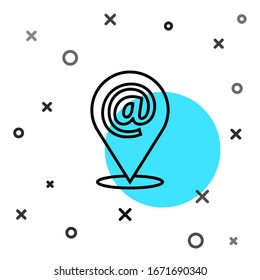 Schwarze Linie Ort und E-Mail-Symbol einzeln auf weißem Hintergrund. E-Mail mit Symbolen umschließen. E-Mail-Nachrichtenzeichen. Zufällige dynamische Formen. Vektorillustration-Illustration