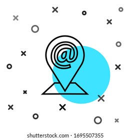 Icono de dirección de correo y correo electrónico de línea negra aislado en fondo blanco. Símbolo de sobres e-mail. Signo de mensaje de correo electrónico. Formas dinámicas aleatorias. Ilustración vectorial