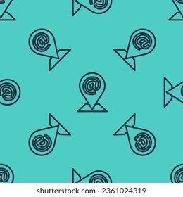 Ubicación de línea negra e icono de correo y correo electrónico aislados sin problemas en el fondo verde. Correo electrónico con símbolo de sobres. Señal de mensaje de correo electrónico.  Ilustración vectorial