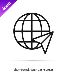 Black line Location on the globe icon isolated on white background. World or Earth sign.  Vector Illustration