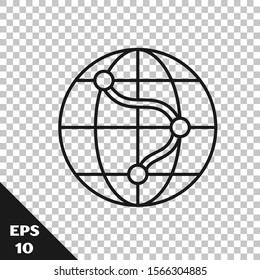 Black line Location on the globe icon isolated on transparent background. World or Earth sign.  Vector Illustration