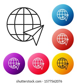 Black line Location on the globe icon isolated on white background. World or Earth sign. Set icons colorful circle buttons. Vector Illustration