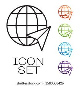 Black line Location on the globe icon isolated on white background. World or Earth sign. Set icons colorful. Vector Illustration