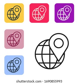 Schwarze Linie Position auf dem Globus Symbol einzeln auf weißem Hintergrund. Welt- oder Erdzeichen. Die Symbole werden in den Tasten für das Farbquadrat eingestellt. Vektorillustration-Illustration