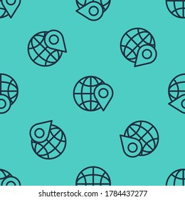 Black line Location on the globe icon isolated seamless pattern on green background. World or Earth sign.  Vector Illustration