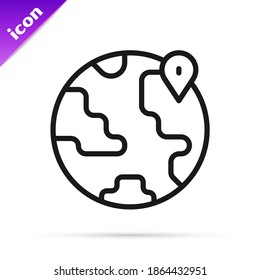 Black line Location on the globe icon isolated on white background. World or Earth sign.  Vector