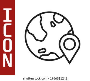 Black line Location on the globe icon isolated on white background. World or Earth sign.  Vector