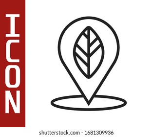 Black line Location pin with leaf inside icon isolated on white background.  Vector Illustration
