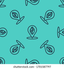 Black line Location pin with leaf inside icon isolated seamless pattern on green background.  Vector Illustration