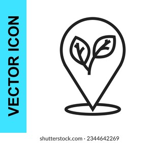 Pin de posición de línea negra con icono de hoja interior aislado en fondo blanco. Deja la señal. Símbolo de producto natural fresco.  Vector