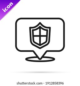 Black line Location shield icon isolated on white background. Insurance concept. Guard sign. Security, safety, protection, privacy concept.  Vector
