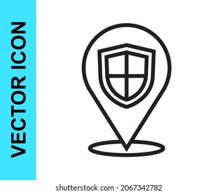 Black line Location shield icon isolated on white background. Insurance concept. Guard sign. Security, safety, protection, privacy concept.  Vector