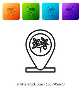 Black line Location and tree icon isolated on white background. Set icons in color square buttons. Vector Illustration
