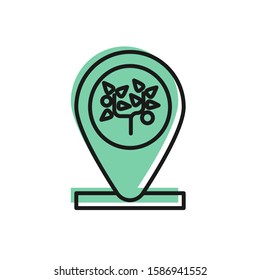 Black line Location and tree icon isolated on white background.  Vector Illustration