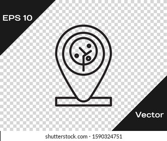 Black line Location and tree icon isolated on transparent background.  Vector Illustration