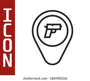 Ubicación de línea negra con icono de arma aislado en fondo blanco.  Vector