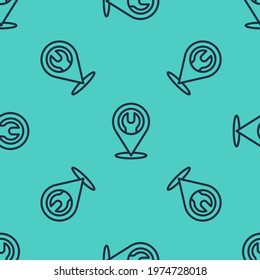 Black line Location with wrench spanner icon isolated seamless pattern on green background. Adjusting, service, setting, maintenance, repair, fixing.  Vector Illustration