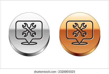 Black line Location with wrench spanner icon isolated on white background. Adjusting, service, setting, maintenance, repair, fixing. Silver-gold circle button. Vector